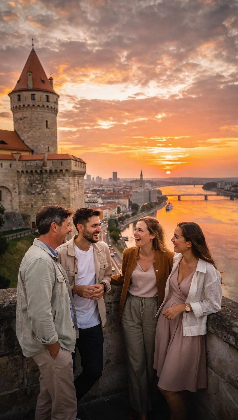 An aerial view of the historic town square in Trnava, featuring charming architecture.