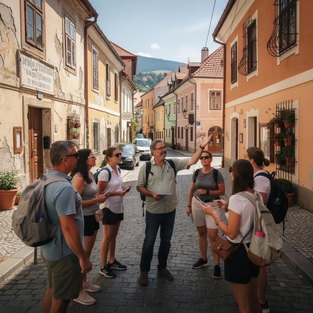 A picturesque view of Bratislava's historic old town, showcasing colorful buildings and the iconic Bratislava Castle in the background.